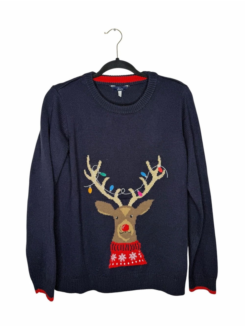 JOULES / Navy Blue Cracking Reindeer Christmas Lights Sweater Crewneck / 12